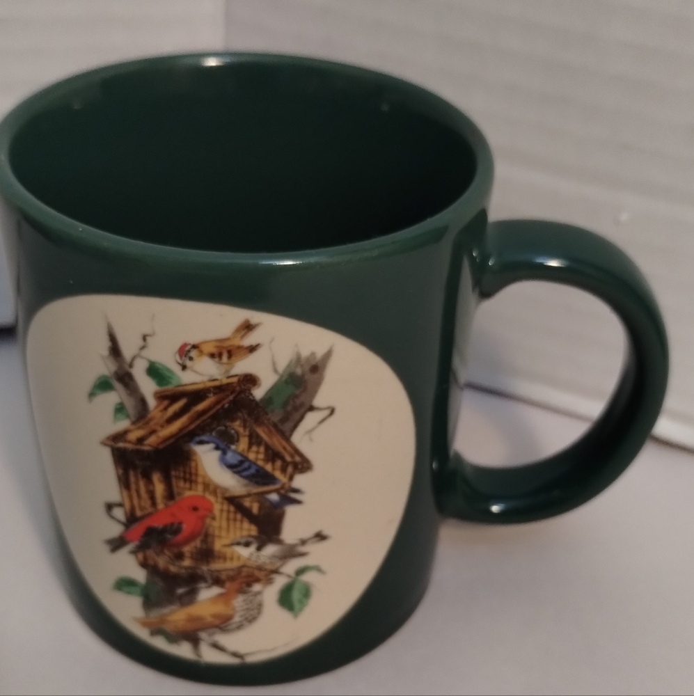 Vintage Green Ceramic Mug with Birdhouse Design